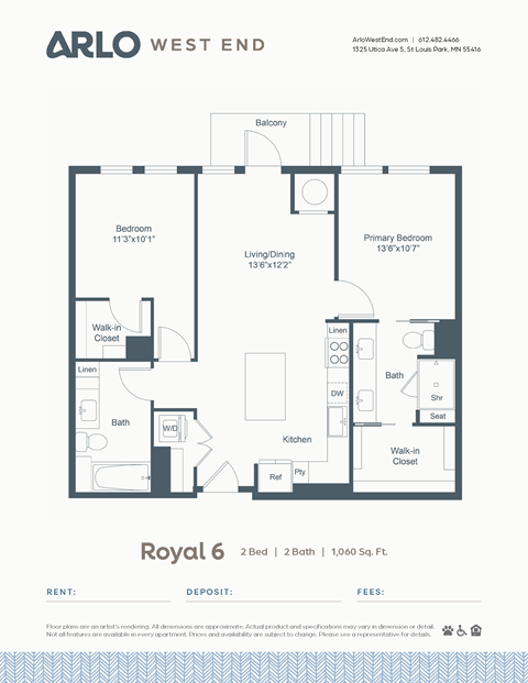 Floor plan for 2 beds, 2 baths, 1060 sqft